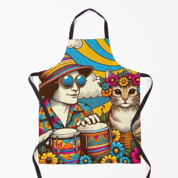 Item preview, Retro 60s Sun Hawaiian Hibiscus Drums Tropical Tabby Cat Graphic designed and sold by CoffeeIsATrip.