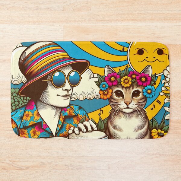 Item preview, Retro 60s Sun Hawaiian Hibiscus Drums Tropical Tabby Cat Graphic designed and sold by CoffeeIsATrip.