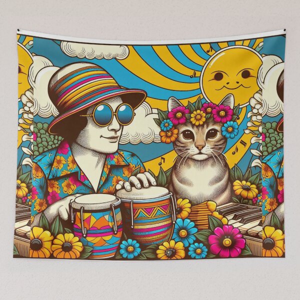 Item preview, Retro 60s Sun Hawaiian Hibiscus Drums Tropical Tabby Cat Graphic designed and sold by CoffeeIsATrip.