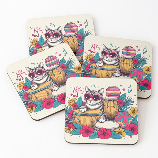 Item preview, Retro 80s Sunset Hawaiian Hibiscus Drums Tropical Cat Graphic designed and sold by CoffeeIsATrip.