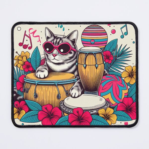 Item preview, Retro 80s Sunset Hawaiian Hibiscus Drums Tropical Cat Graphic designed and sold by CoffeeIsATrip.