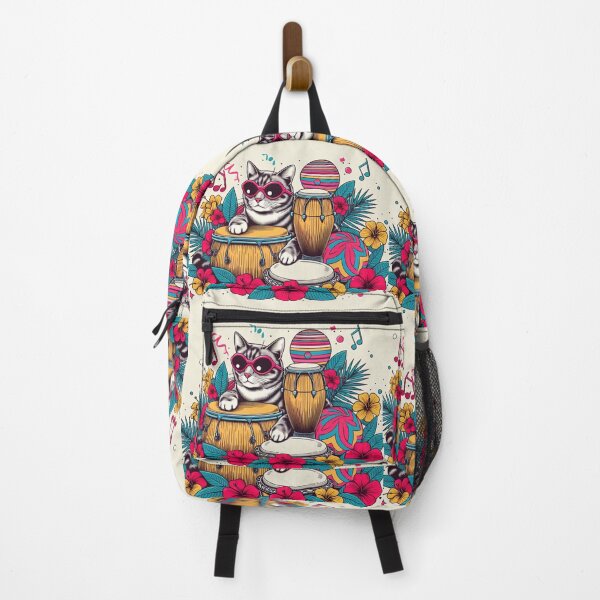 Item preview, Retro 80s Sunset Hawaiian Hibiscus Drums Tropical Cat Graphic designed and sold by CoffeeIsATrip.