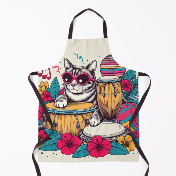 Item preview, Retro 80s Sunset Hawaiian Hibiscus Drums Tropical Cat Graphic designed and sold by CoffeeIsATrip.