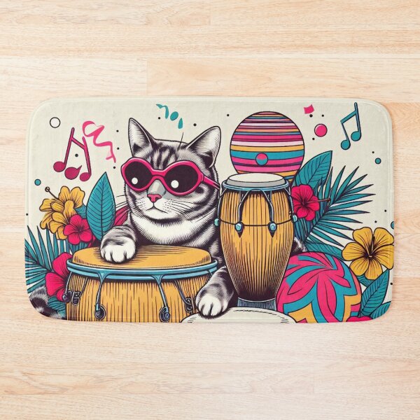 Item preview, Retro 80s Sunset Hawaiian Hibiscus Drums Tropical Cat Graphic designed and sold by CoffeeIsATrip.