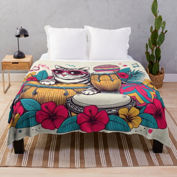 Item preview, Retro 80s Sunset Hawaiian Hibiscus Drums Tropical Cat Graphic designed and sold by CoffeeIsATrip.