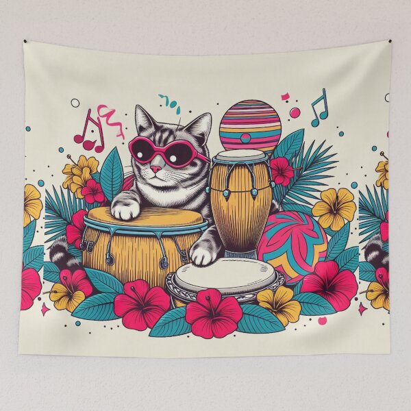Item preview, Retro 80s Sunset Hawaiian Hibiscus Drums Tropical Cat Graphic designed and sold by CoffeeIsATrip.