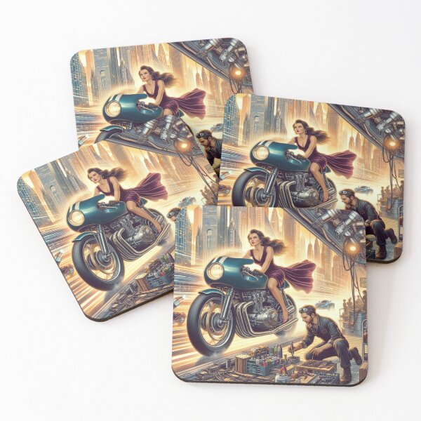 Item preview, Girl Riding A Cafe Racer in a velvet dress designed and sold by BoldandBiker.