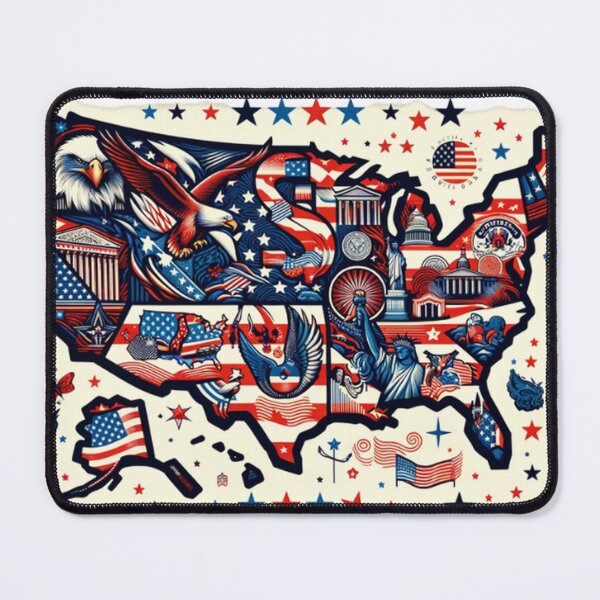 Item preview, USA map on a fantasy abstract design with American symbols designed and sold by Red, White & Blue Glory.