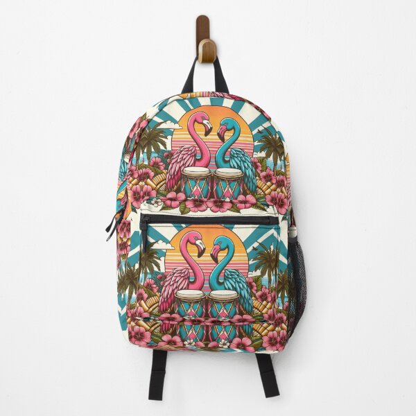 Item preview, Flamingo Retro Sunrise Hawaiian Hibiscus Bongo Drums Tropical Graphic designed and sold by CoffeeIsATrip.