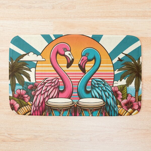 Item preview, Flamingo Retro Sunrise Hawaiian Hibiscus Bongo Drums Tropical Graphic designed and sold by CoffeeIsATrip.