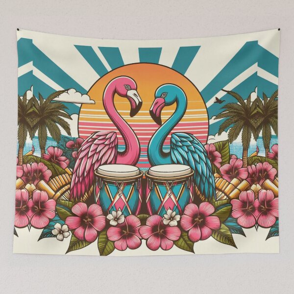 Artikelvorschau, Flamingo Retro Sunrise Hawaiian Hibiscus Bongo Drums Tropical Graphic entworfen und verkauft von CoffeeIsATrip.