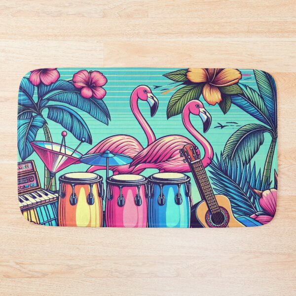 Item preview, Flamingo Retro Hawaiian Hibiscus Bongo Drums Tropical Graphic designed and sold by CoffeeIsATrip.
