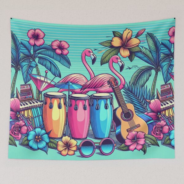 Artikelvorschau, Flamingo Retro Hawaiian Hibiscus Bongo Drums Tropical Graphic entworfen und verkauft von CoffeeIsATrip.