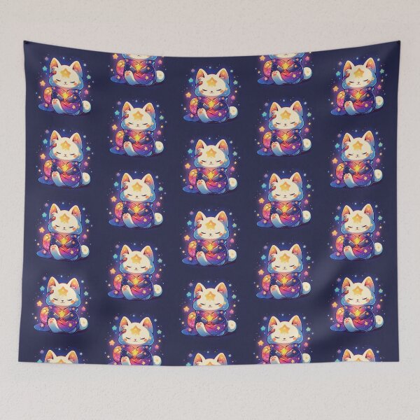 Item preview, Cute Kawaii Space Manekineko Lucky Charm Cat with Galaxies and Stars in Pink and Purple Pastel designed and sold by CozyKawaiiArt.