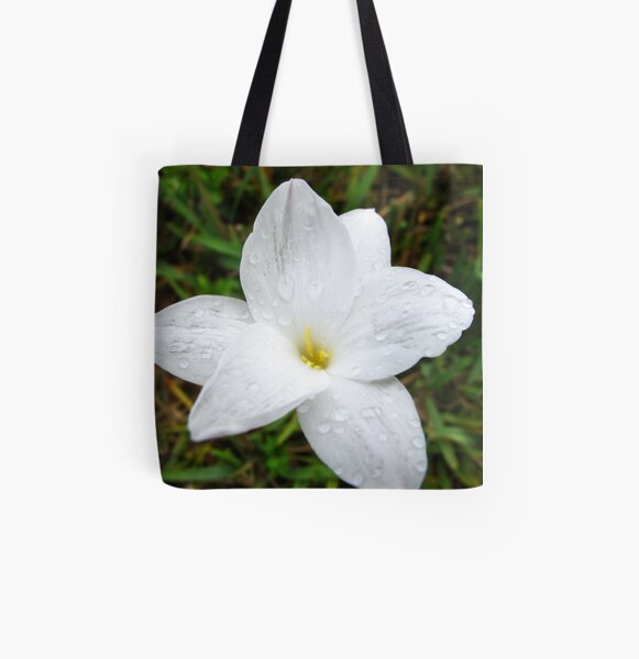 Raindrops on White Flower All Over Print Tote Bag