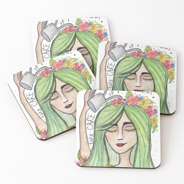 Item preview, Take Care of Yourself Garden Flowers Green Hair Art Garden Watercolor Painting designed and sold by LoveatFirstKiss.