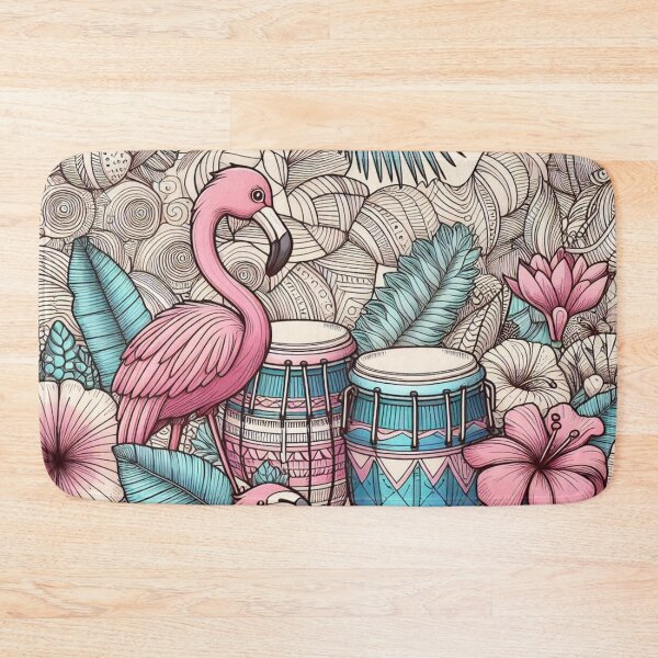 Item preview, Flamingo Retro Hawaiian Hibiscus Bongo Drums Tropical Graphic designed and sold by CoffeeIsATrip.
