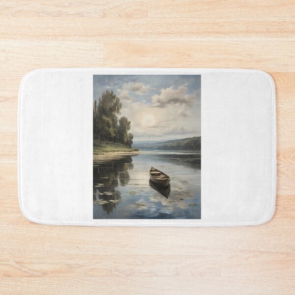 Item preview, A lonely rowing boat on a beautiful lake with water lilies, vintage oil painting designed and sold by CreativeSparkzz.