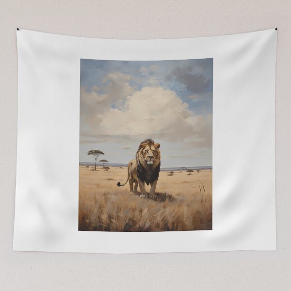 Item preview, A lion in the savannah of Africa, vintage oil painting designed and sold by CreativeSparkzz.
