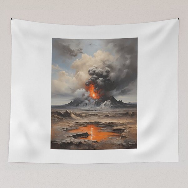 Item preview, A volcanic eruption in a lava landscape, vintage oil painting designed and sold by CreativeSparkzz.