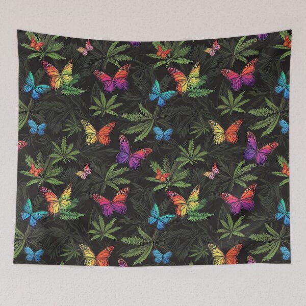 Item preview, Colorful Butterflies and Green Cannabis Weed Leaves Seamless Pattern designed and sold by MedicatedMedusa.