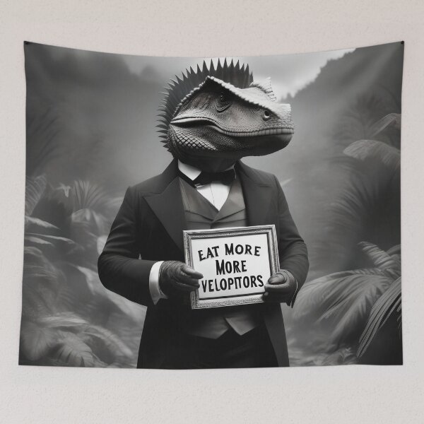 Item preview, Dapper dino in ferrotype with sign "eat more velociraptor" designed and sold by eatmorvelopator.