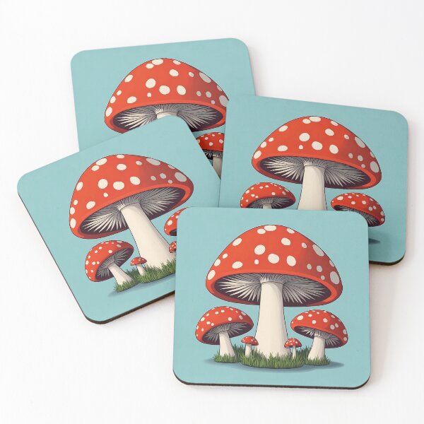 Item preview, Mushroom, red with white polka dots, blue background, art design designed and sold by craftytraci.