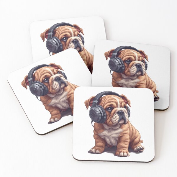 Item preview, English Bulldog Puppy with Headphones and lots of Wrinkles designed and sold by KazzasKorner.
