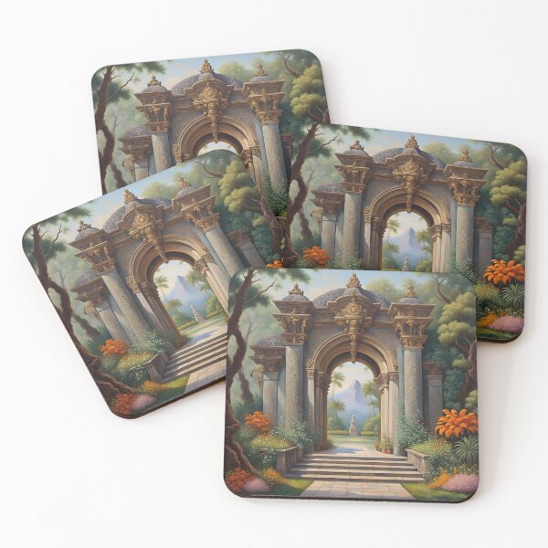Aperçu de l'œuvre Une pièce architecturale en pierres sculptées et en verre volcanique étincelant pour l'entrée d'un palais luxueux entouré d'arbres, de fleurs, d'oiseaux colorés et d'herbe verte. créée et vendue par medo306090.