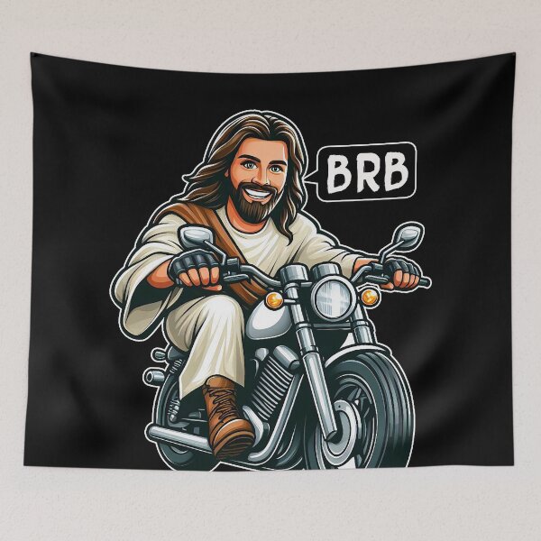 Item preview, Jesus Is Coming Soon BRB meme Riding Motorcycle designed and sold by plushism.