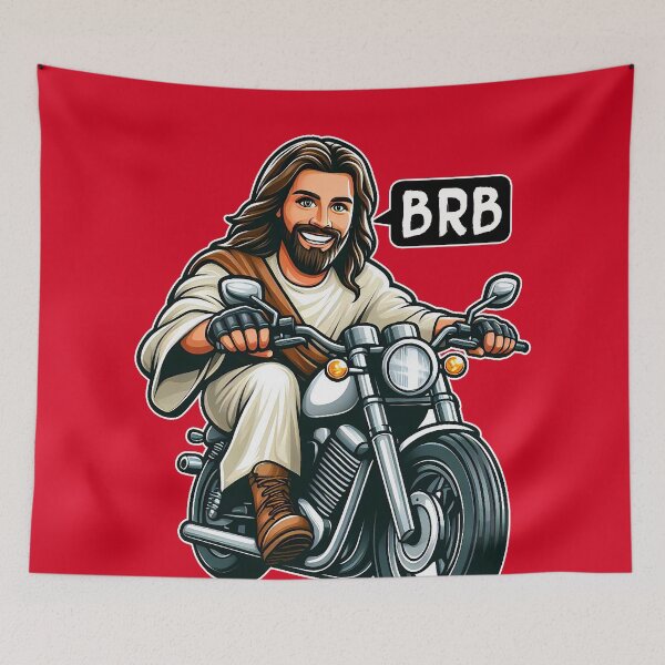 Item preview, Jesus Is Coming Soon BRB meme Riding Motorcycle designed and sold by plushism.
