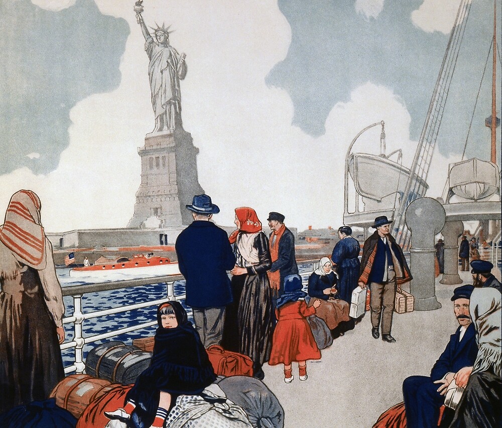 "Vintage Immigrants & Statue of Liberty Illustration (1917)" by