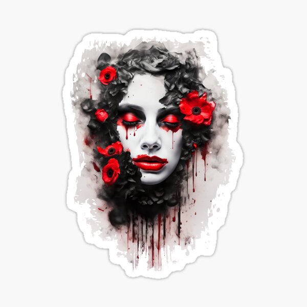 Trash floral girl with poppy, macabre design illustration Sticker