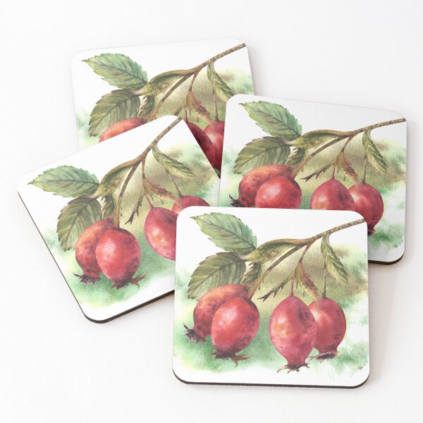 Item preview, Rose hip branch, dog rose or briar fruits with watercolor stains. Hand drawn designed and sold by BartolArt.