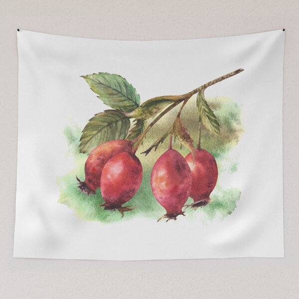 Item preview, Rose hip branch, dog rose or briar fruits with watercolor stains. Hand drawn designed and sold by BartolArt.