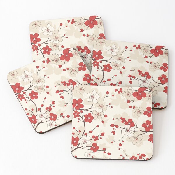 Item preview, Red and White Oriental Cherry Blossoms on Beige and Chinese Wedding Double Happiness | Japanese Sakura designed and sold by GrinGalore.