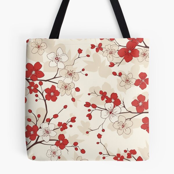 Item preview, Red and White Oriental Cherry Blossoms on Beige and Chinese Wedding Double Happiness | Japanese Sakura designed and sold by GrinGalore.
