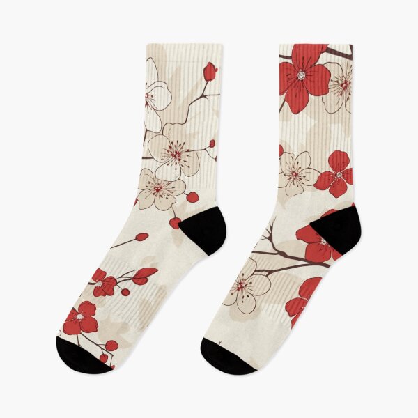 Item preview, Red and White Oriental Cherry Blossoms on Beige and Chinese Wedding Double Happiness | Japanese Sakura designed and sold by GrinGalore.