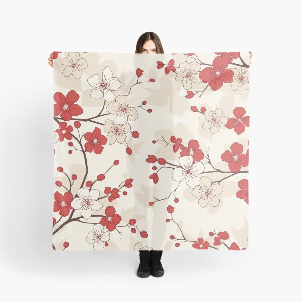 Item preview, Red and White Oriental Cherry Blossoms on Beige and Chinese Wedding Double Happiness | Japanese Sakura designed and sold by GrinGalore.