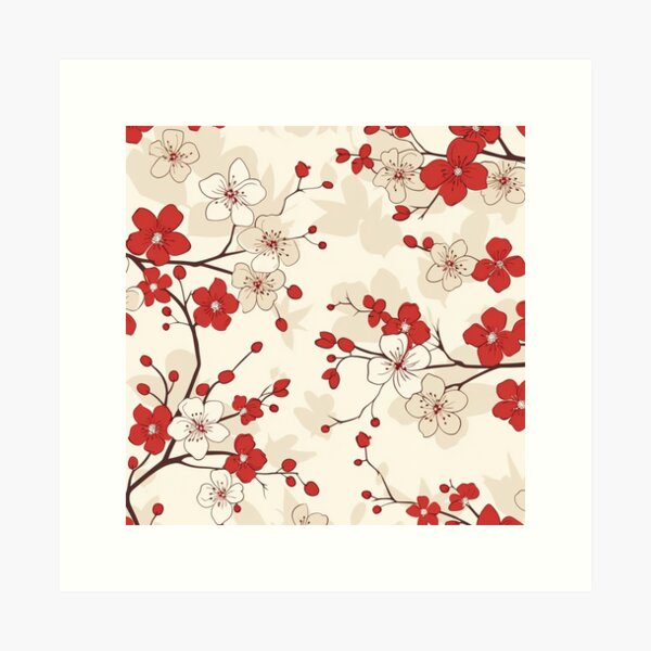 Item preview, Red and White Oriental Cherry Blossoms on Beige and Chinese Wedding Double Happiness | Japanese Sakura designed and sold by GrinGalore.