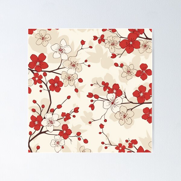 Item preview, Red and White Oriental Cherry Blossoms on Beige and Chinese Wedding Double Happiness | Japanese Sakura designed and sold by GrinGalore.
