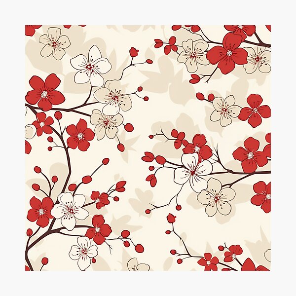 Item preview, Red and White Oriental Cherry Blossoms on Beige and Chinese Wedding Double Happiness | Japanese Sakura designed and sold by GrinGalore.