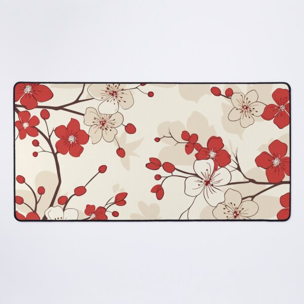 Item preview, Red and White Oriental Cherry Blossoms on Beige and Chinese Wedding Double Happiness | Japanese Sakura designed and sold by GrinGalore.