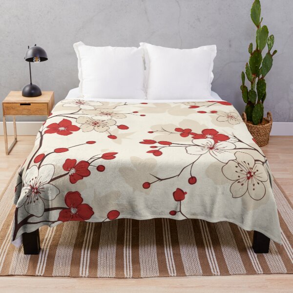 Item preview, Red and White Oriental Cherry Blossoms on Beige and Chinese Wedding Double Happiness | Japanese Sakura designed and sold by GrinGalore.