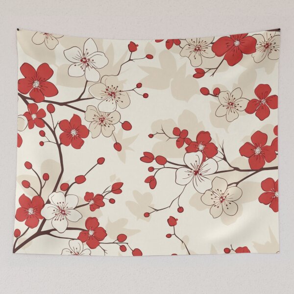 Item preview, Red and White Oriental Cherry Blossoms on Beige and Chinese Wedding Double Happiness | Japanese Sakura designed and sold by GrinGalore.