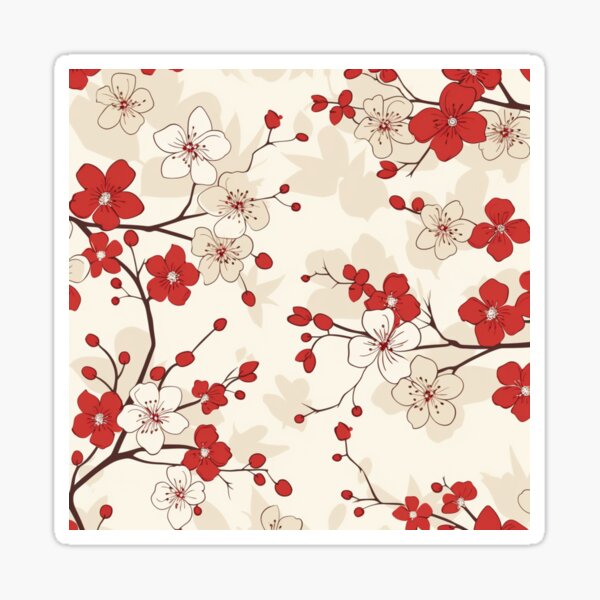 Item preview, Red and White Oriental Cherry Blossoms on Beige and Chinese Wedding Double Happiness | Japanese Sakura designed and sold by GrinGalore.