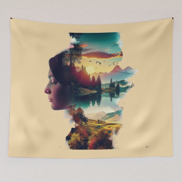 Item preview, Female profile face on mountainous landscape and sunset designed and sold by cristina1001.