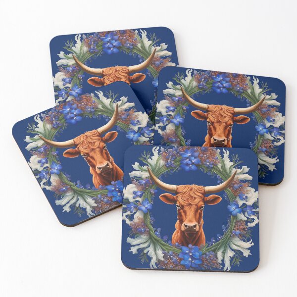 Item preview, Longhorn Cattle Surrounded By A Wreath Of Bluebonnet Lupins designed and sold by taiche.
