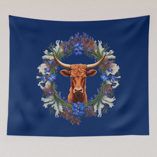 Item preview, Longhorn Cattle Surrounded By A Wreath Of Bluebonnet Lupins designed and sold by taiche.