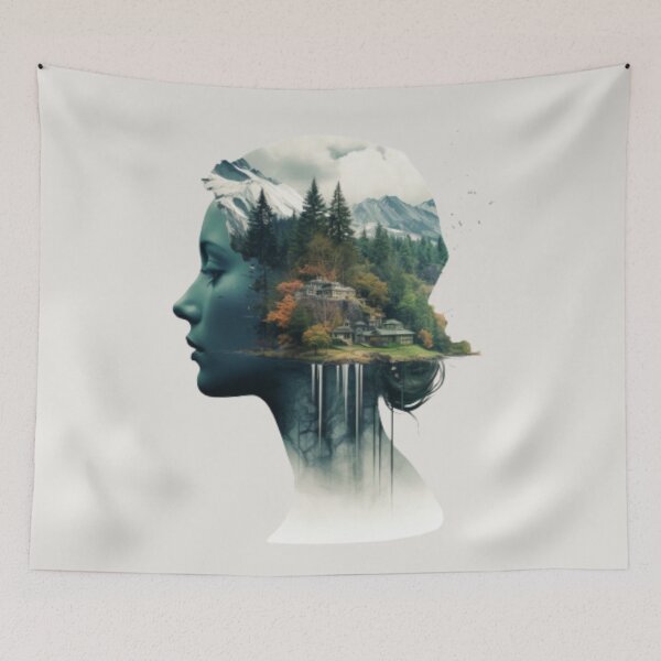 Item preview, Female profile face on autumnal landscape and snow-capped mountains designed and sold by cristina1001.